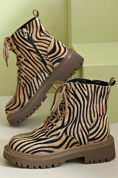 ZEBRA PRINT LACE-UP BOOTS
